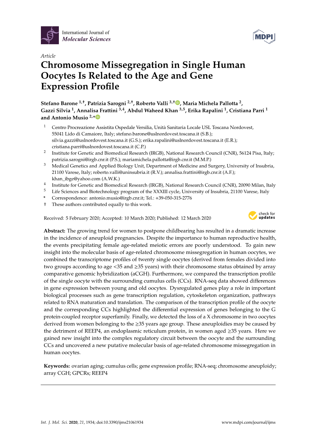 Chromosome Missegregation in Single Human Oocytes Is Related to the Age and Gene Expression Profile