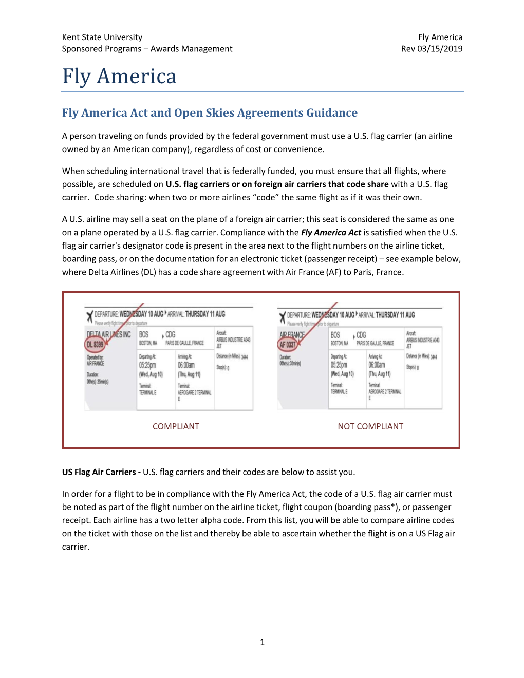 Fly America Sponsored Programs – Awards Management Rev 03/15/2019 Fly America