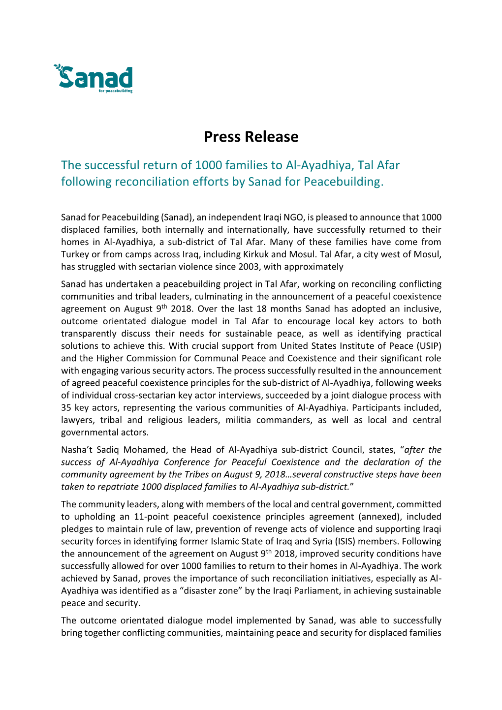 Press Release the Successful Return of 1000 Families to Al-Ayadhiya, Tal Afar Following Reconciliation Efforts by Sanad for Peacebuilding