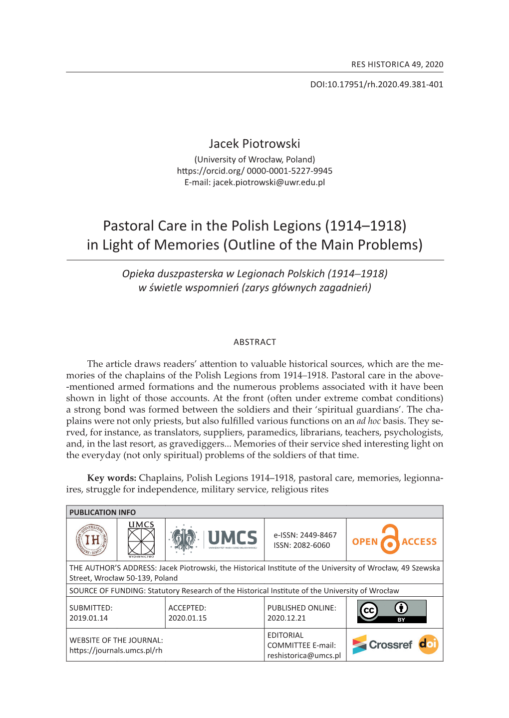 Pastoral Care in the Polish Legions (1914–1918) in Light of Memories (Outline of the Main Problems)