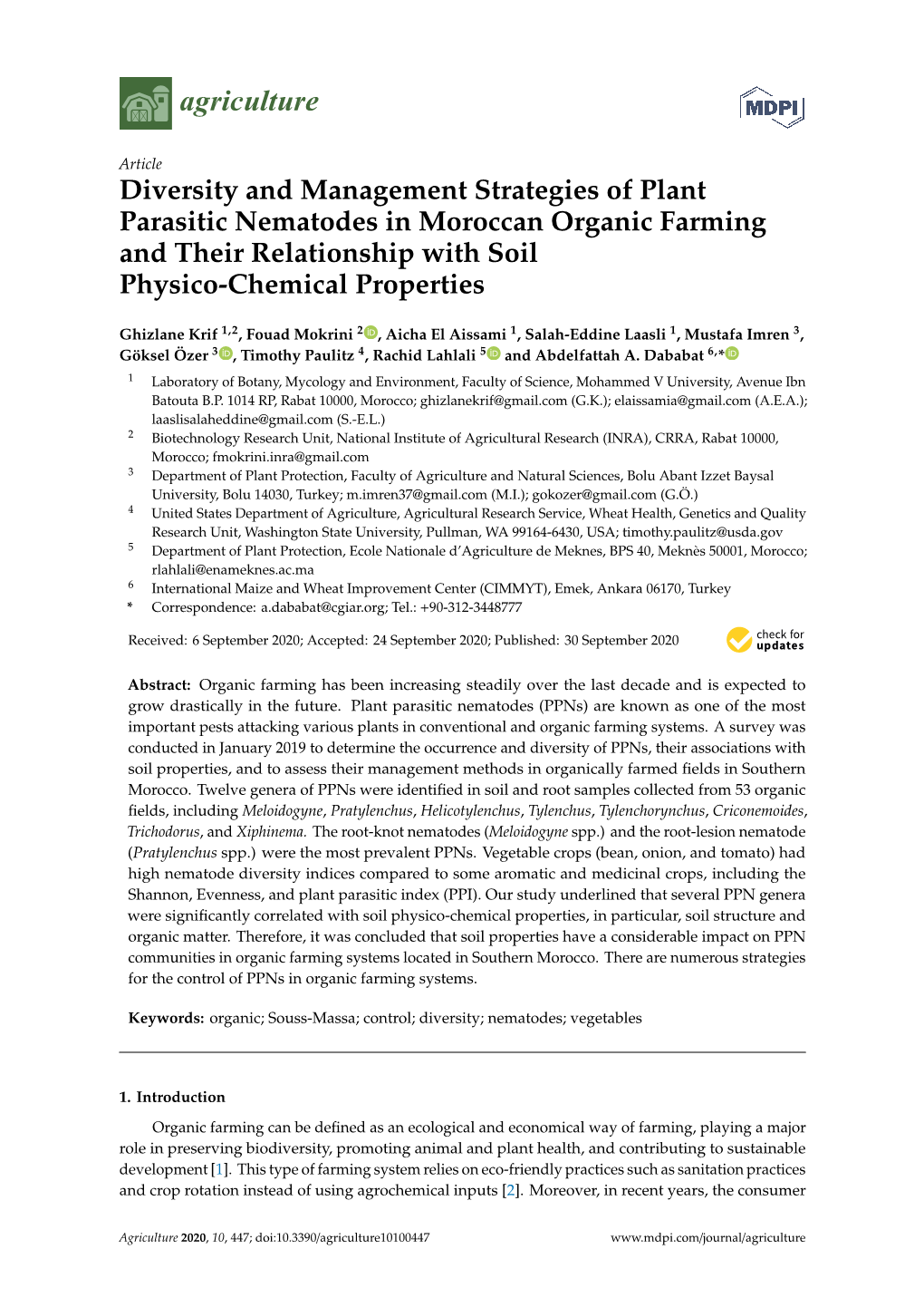 Diversity and Management Strategies of Plant Parasitic Nematodes in Moroccan Organic Farming and Their Relationship with Soil Physico-Chemical Properties