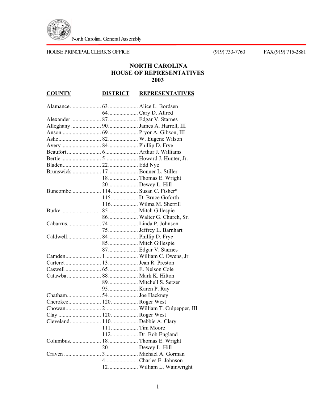 North Carolina House of Representatives 2003