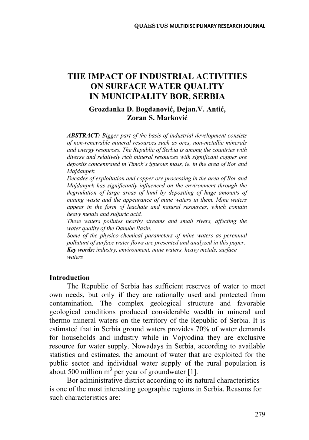 THE IMPACT of INDUSTRIAL ACTIVITIES on SURFACE WATER QUALITY in MUNICIPALITY BOR, SERBIA Grozdanka D