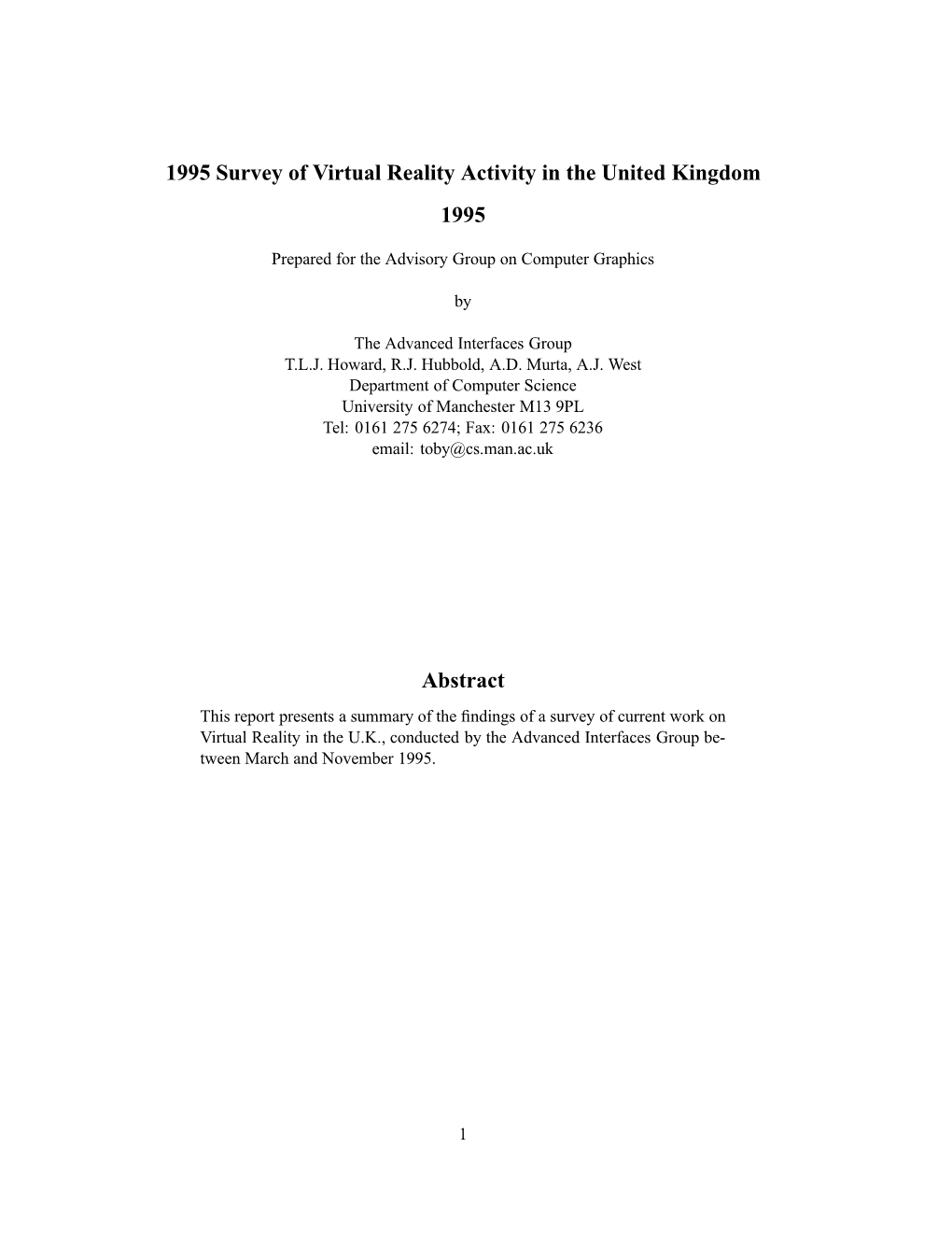 1995 Survey of Virtual Reality Activity in the United Kingdom 1995 Abstract