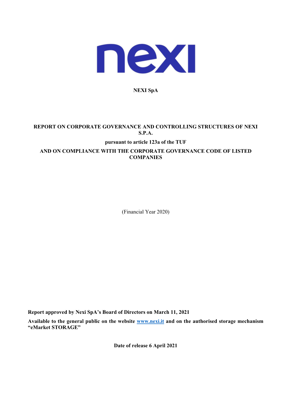 Report on Corporate Governance and Controlling Structures of Nexi S.P.A