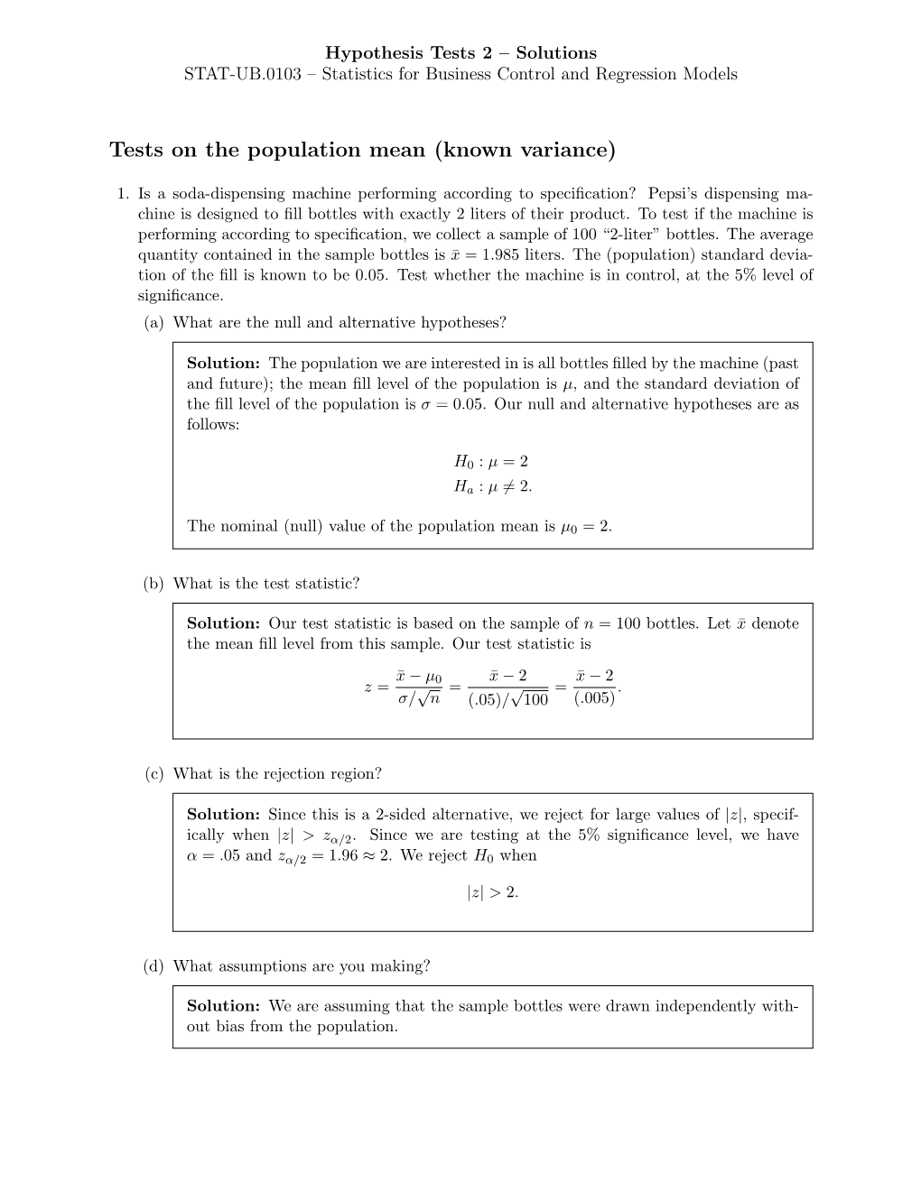 Tests on the Population Mean (Known Variance)