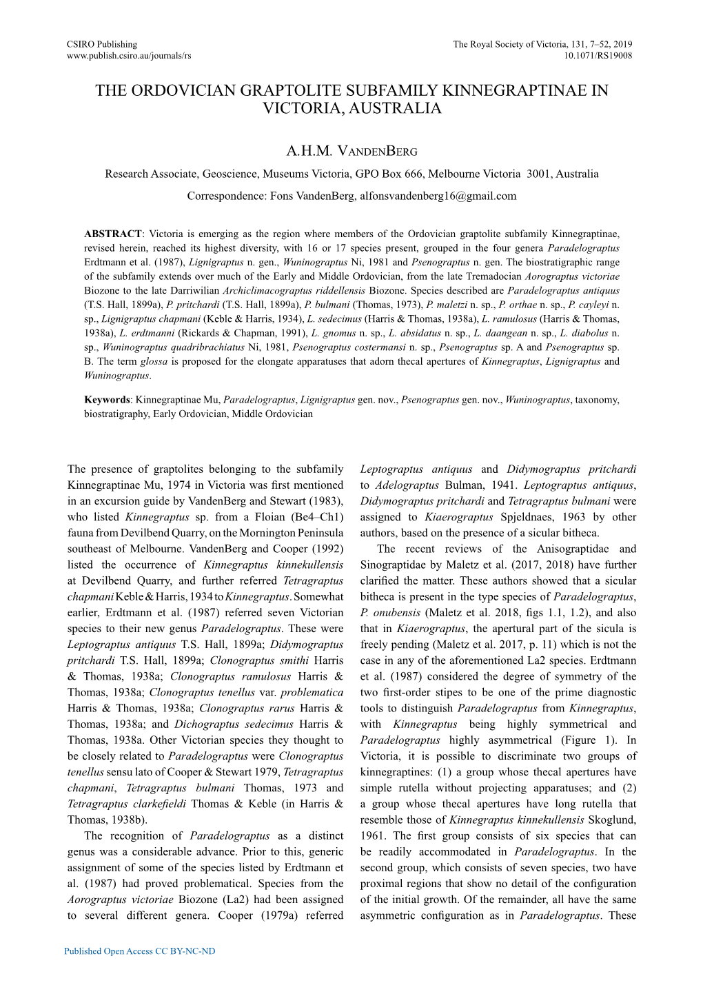 The Ordovician Graptolite Subfamily Kinnegraptinae in Victoria, Australia