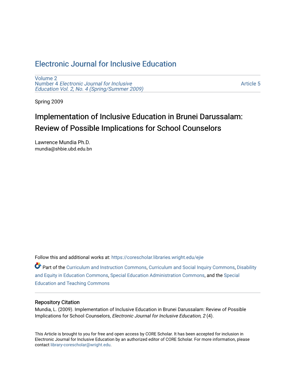 Implementation of Inclusive Education in Brunei Darussalam: Review of Possible Implications for School Counselors