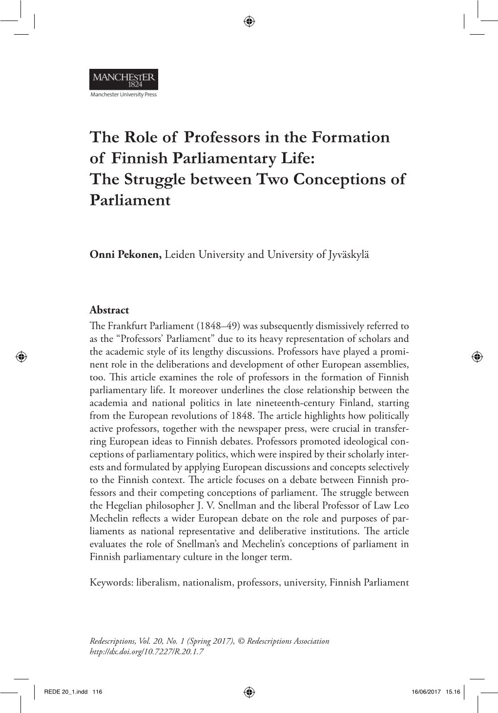 The Role of Professors in the Formation of Finnish Parliamentary Life: the Struggle Between Two Conceptions of Parliament