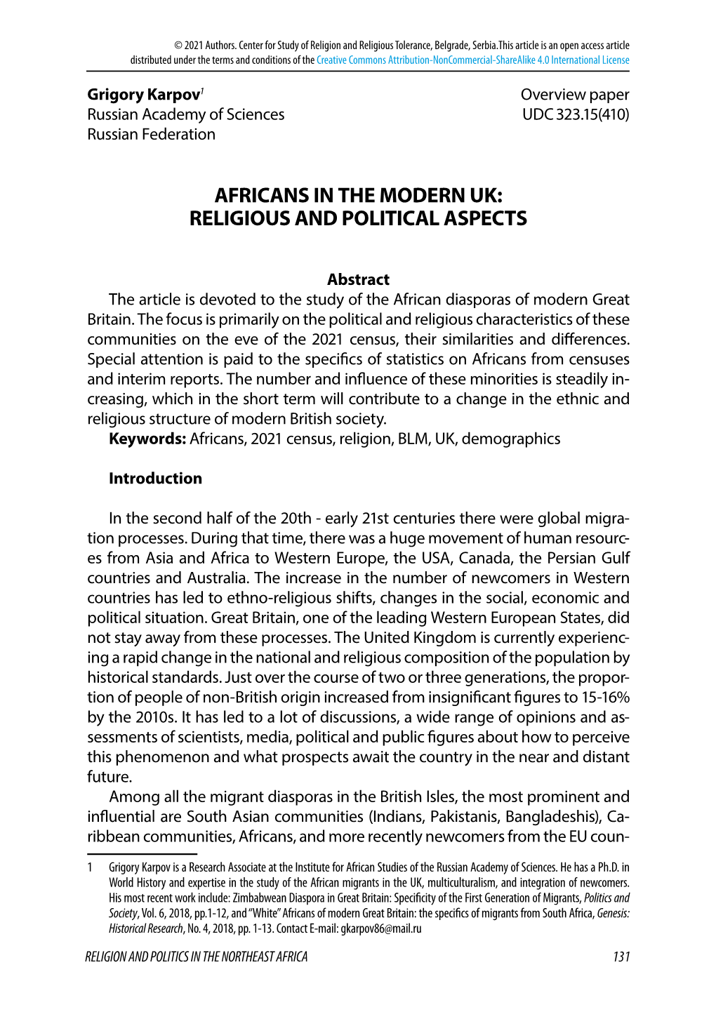 Africans in the Modern Uk: Religious and Political Aspects
