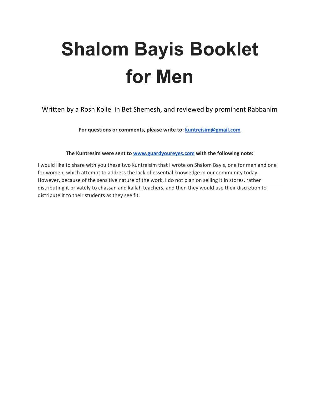 Shalom Bayis Booklet For