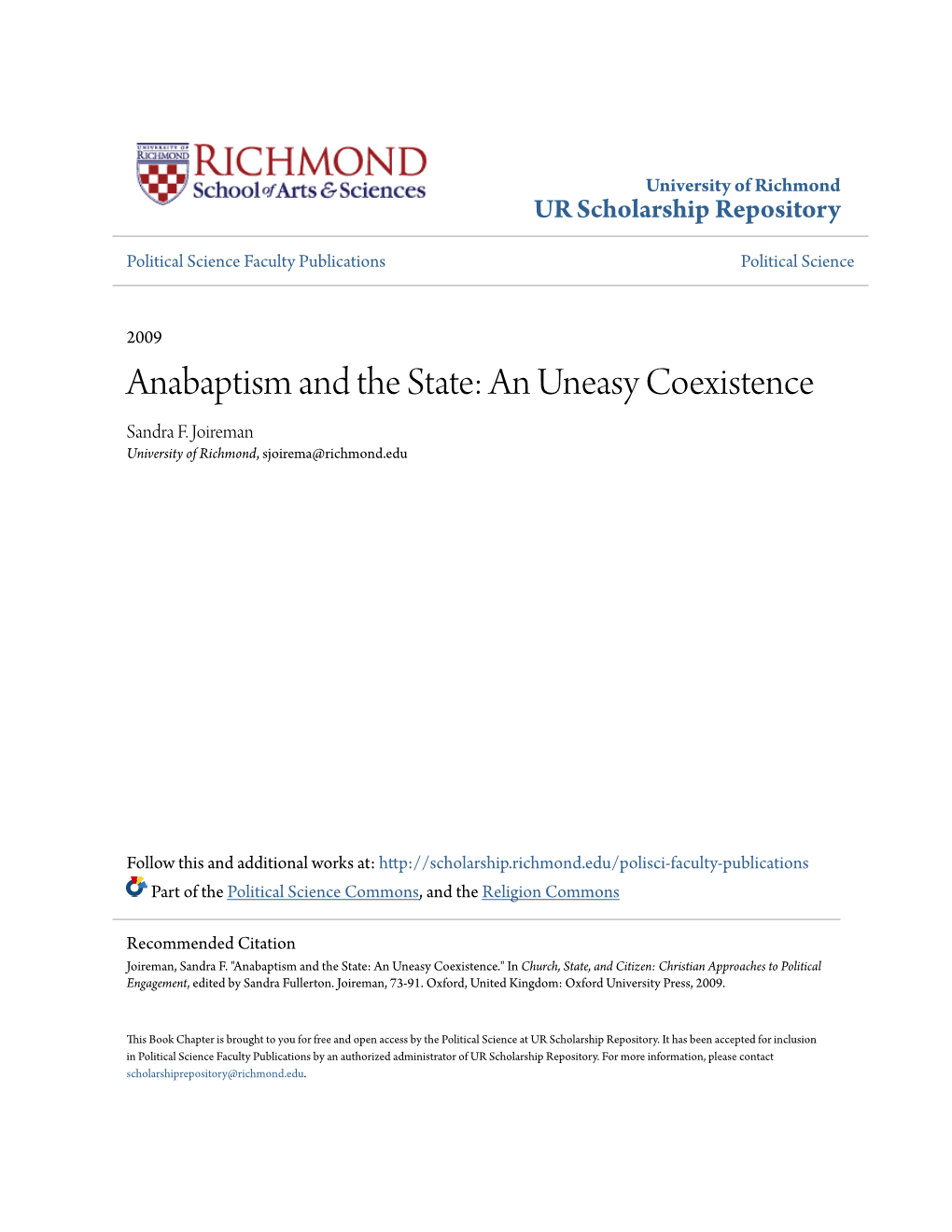 Anabaptism and the State: an Uneasy Coexistence Sandra F