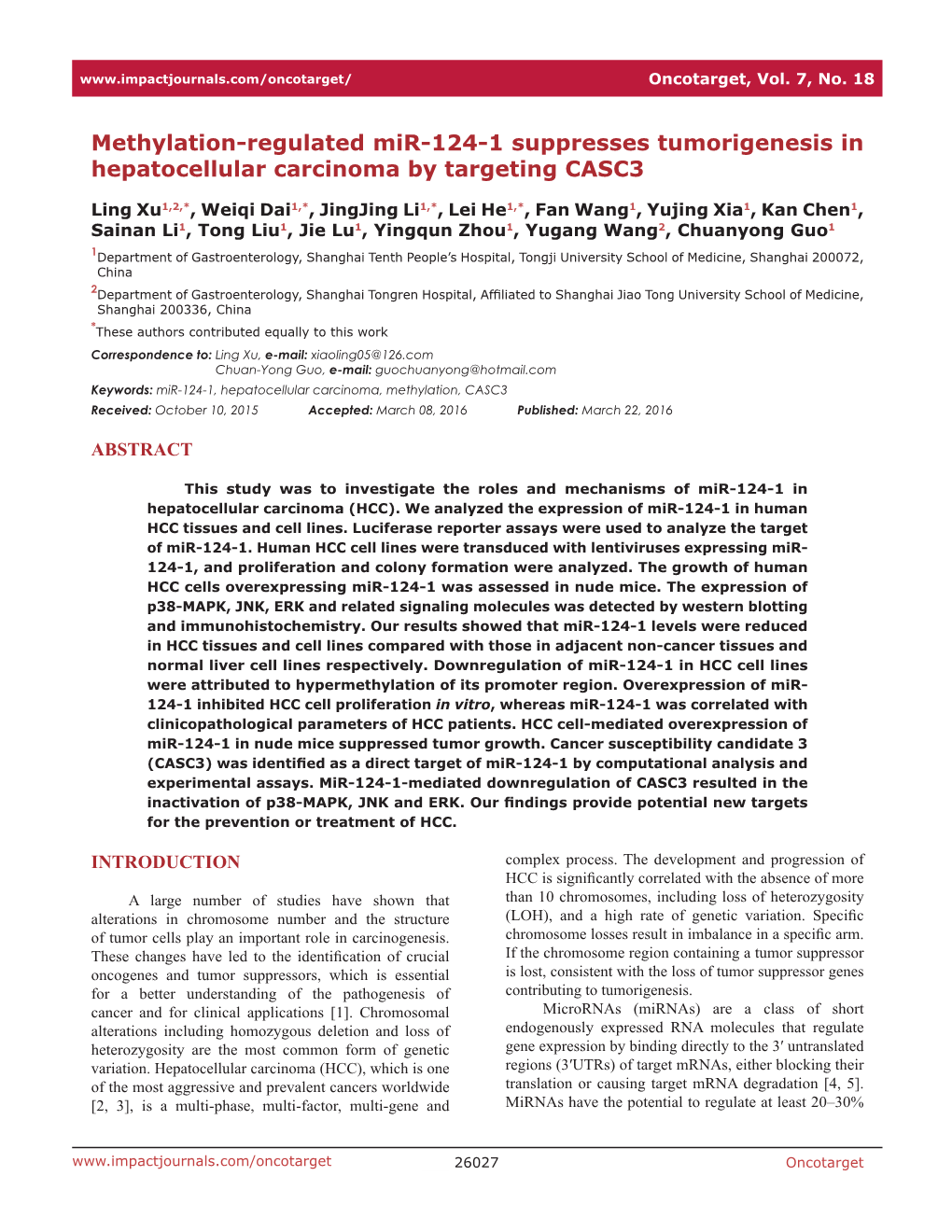 Methylation-Regulated Mir-124-1 Suppresses Tumorigenesis in Hepatocellular Carcinoma by Targeting CASC3