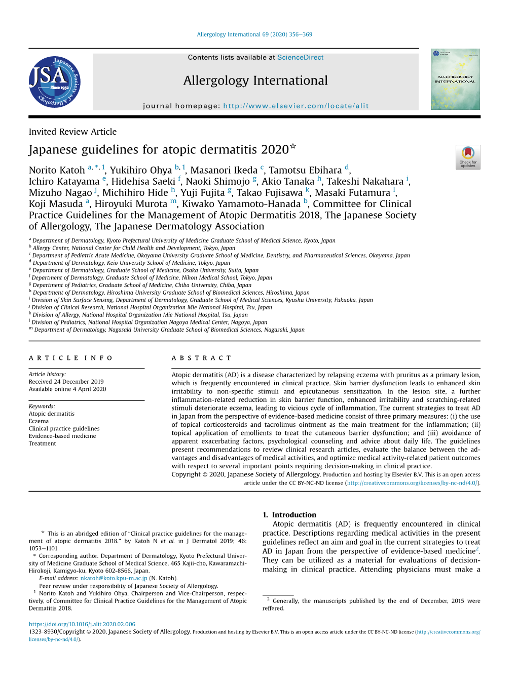 Japanese Guidelines for Atopic Dermatitis 2020*