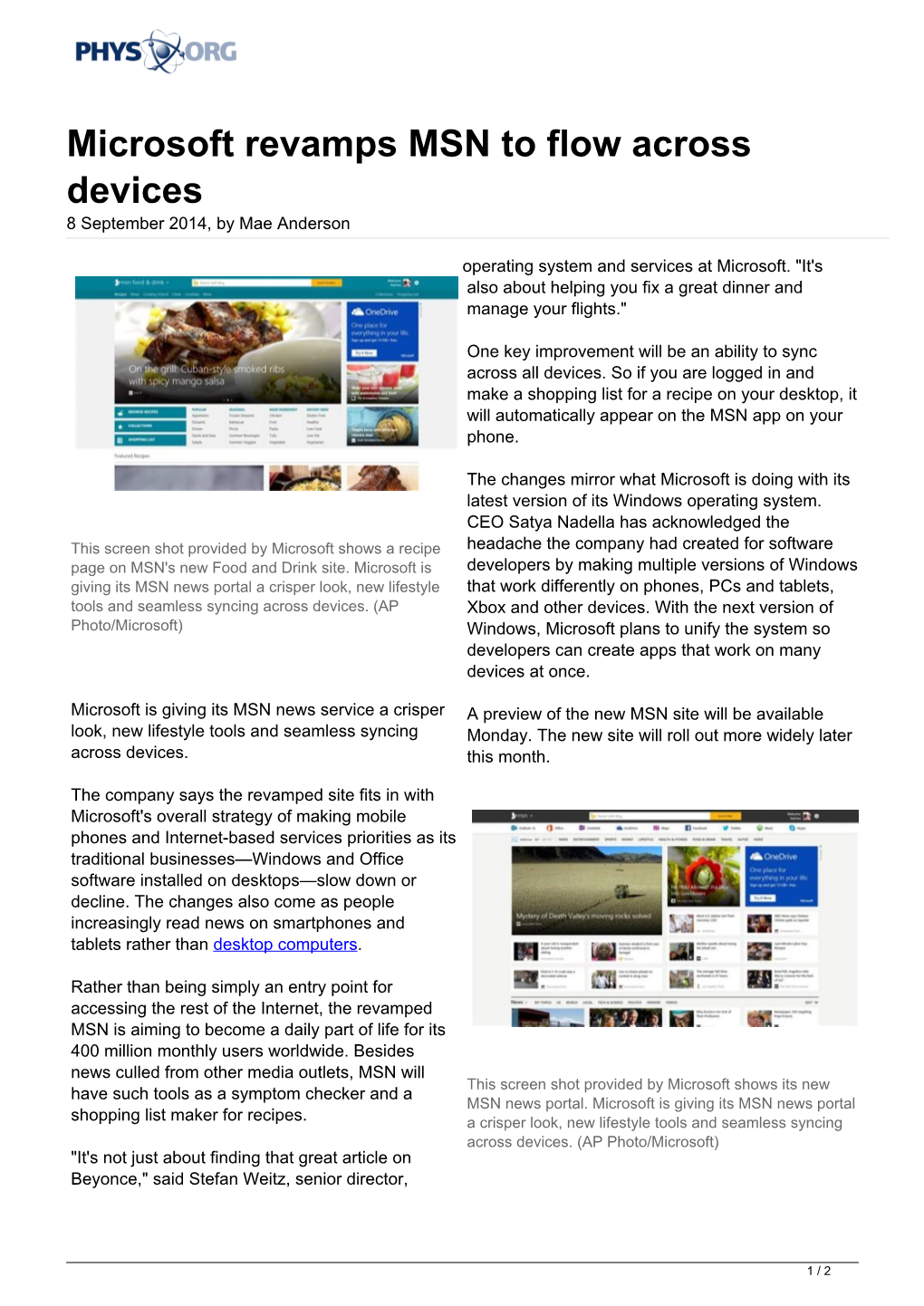 Microsoft Revamps MSN to Flow Across Devices 8 September 2014, by Mae Anderson