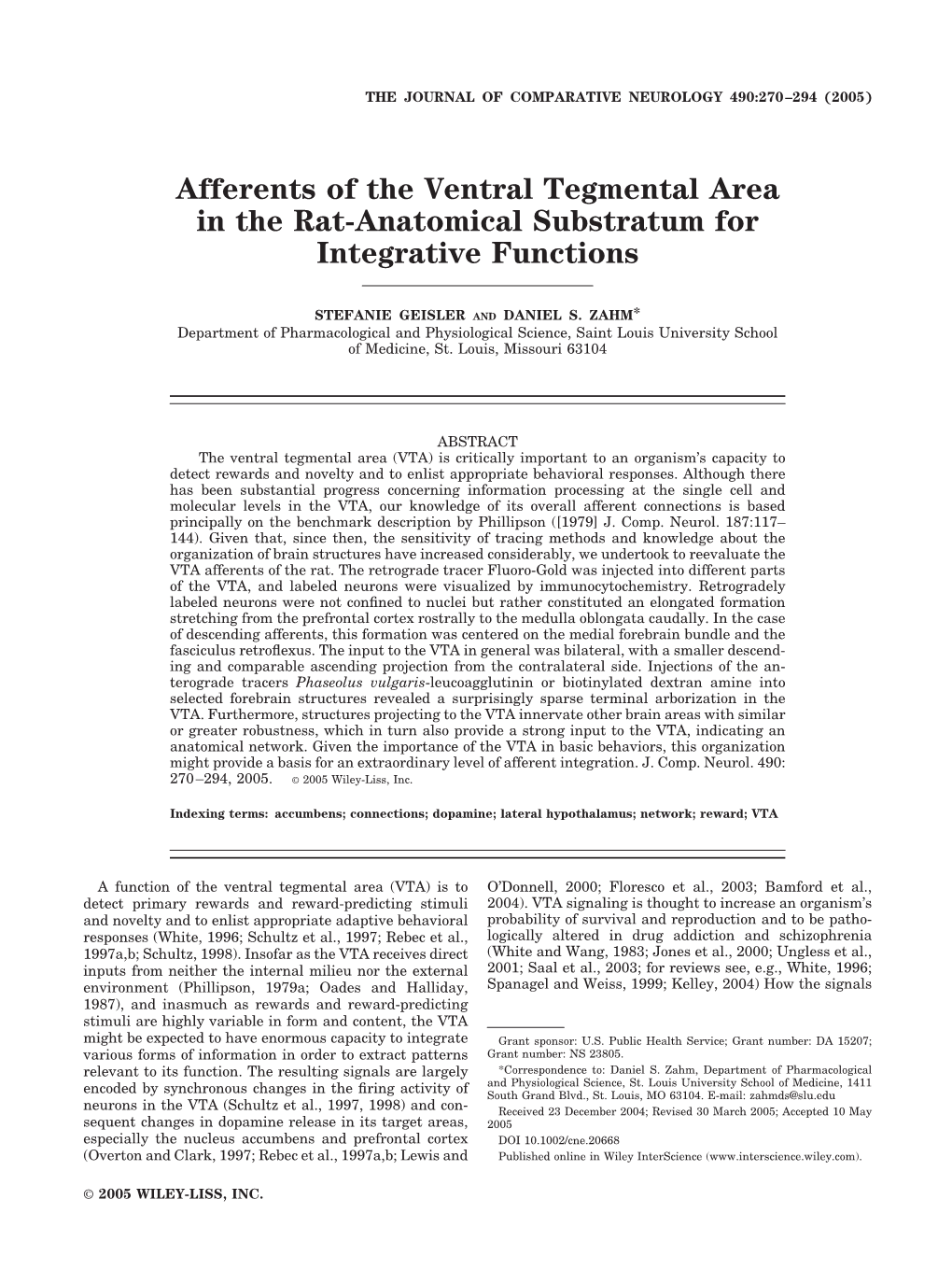 Afferents of the Ventral Tegmental Area in the Rat-Anatomical Substratum for Integrative Functions