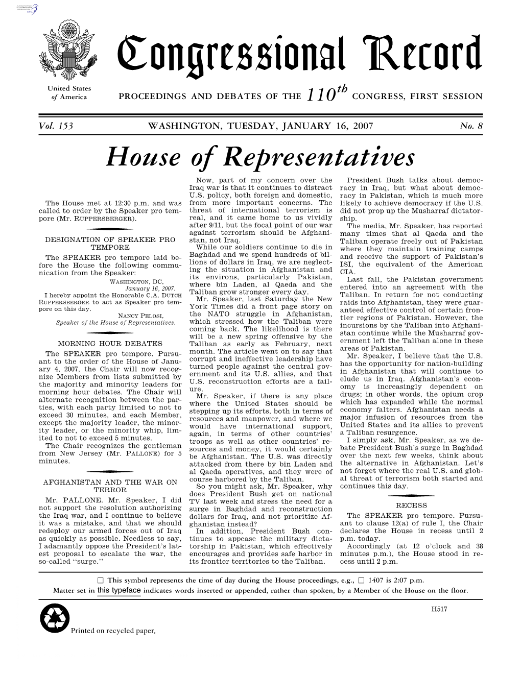 Congressional Record United States Th of America PROCEEDINGS and DEBATES of the 110 CONGRESS, FIRST SESSION