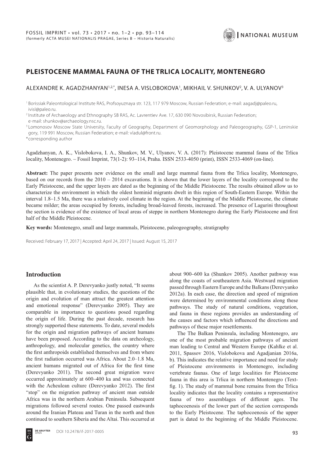 Pleistocene Mammal Fauna of the Trlica Locality, Montenegro