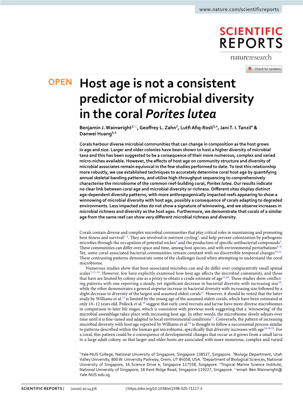 Host Age Is Not a Consistent Predictor of Microbial Diversity in the Coral Porites Lutea Benjamin J