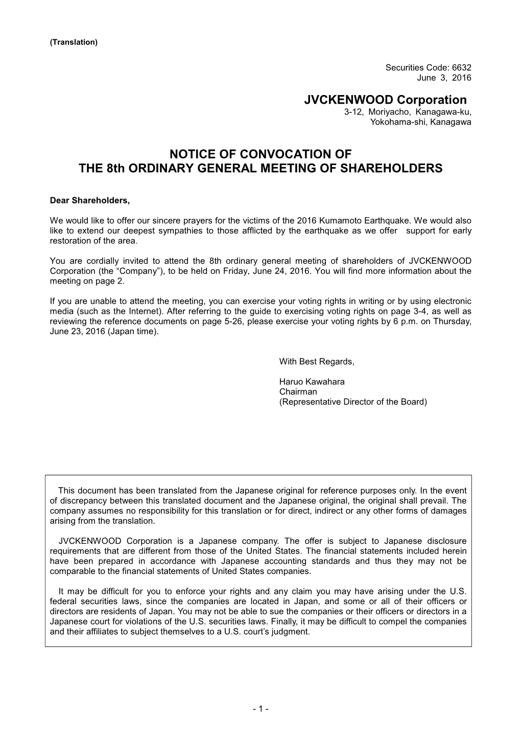 JVCKENWOOD Corporation NOTICE of CONVOCATION of the 8Th
