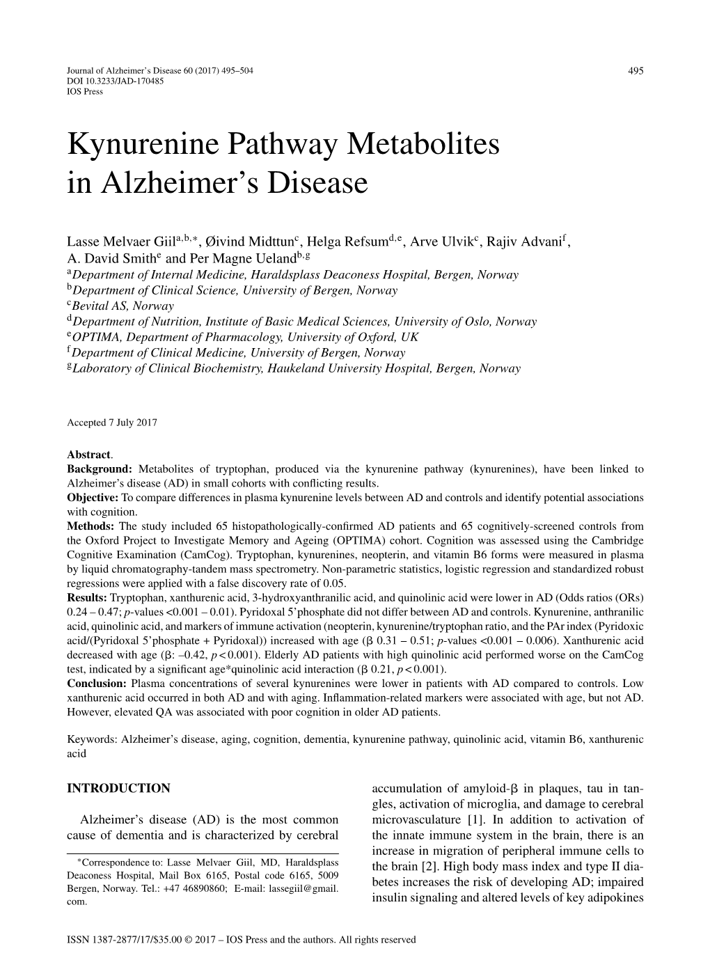 Kynurenine Pathway Metabolites in Alzheimer's Disease