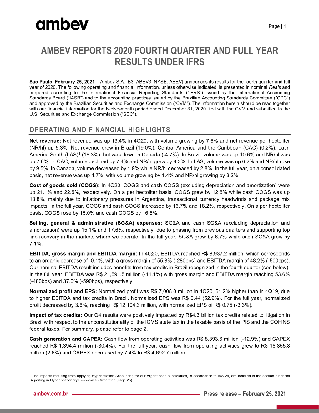 Ambev Reports 2020 Fourth Quarter and Full Year Results Under Ifrs