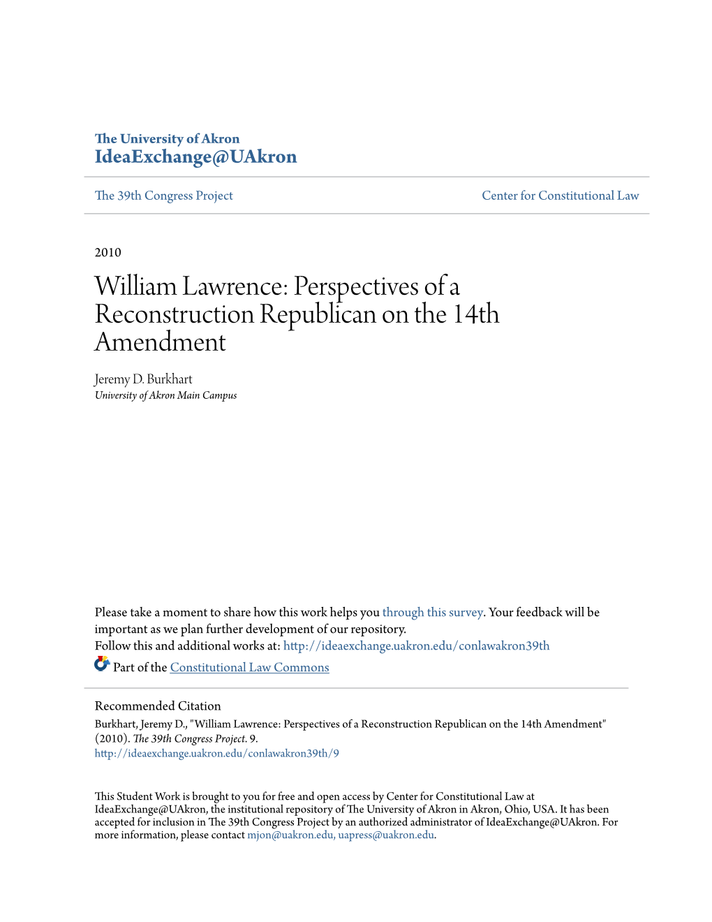 William Lawrence: Perspectives of a Reconstruction Republican on the 14Th Amendment Jeremy D