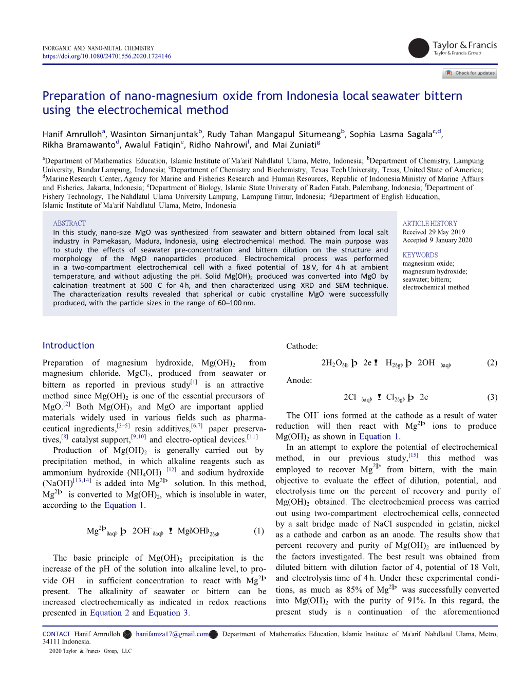 Preparation of Nano-Magnesium Oxide from Indonesia Local Seawater Bittern Using the Electrochemical Method