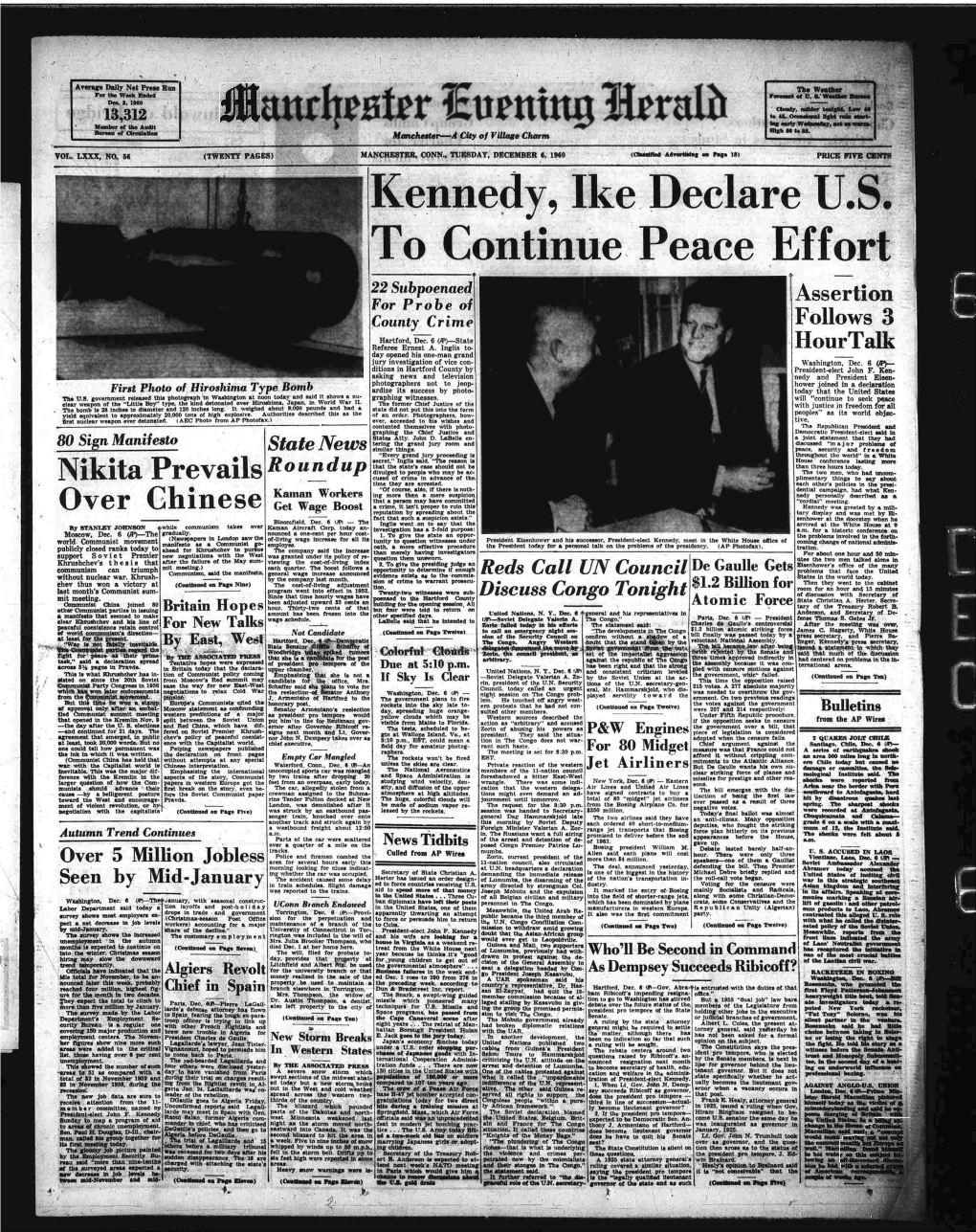 Kennedy, Ike Declare U.S. to Continue Peace Effort 22 Subpoenaed Assertion I R » ~ ' for Probe of County Crime Follows 3