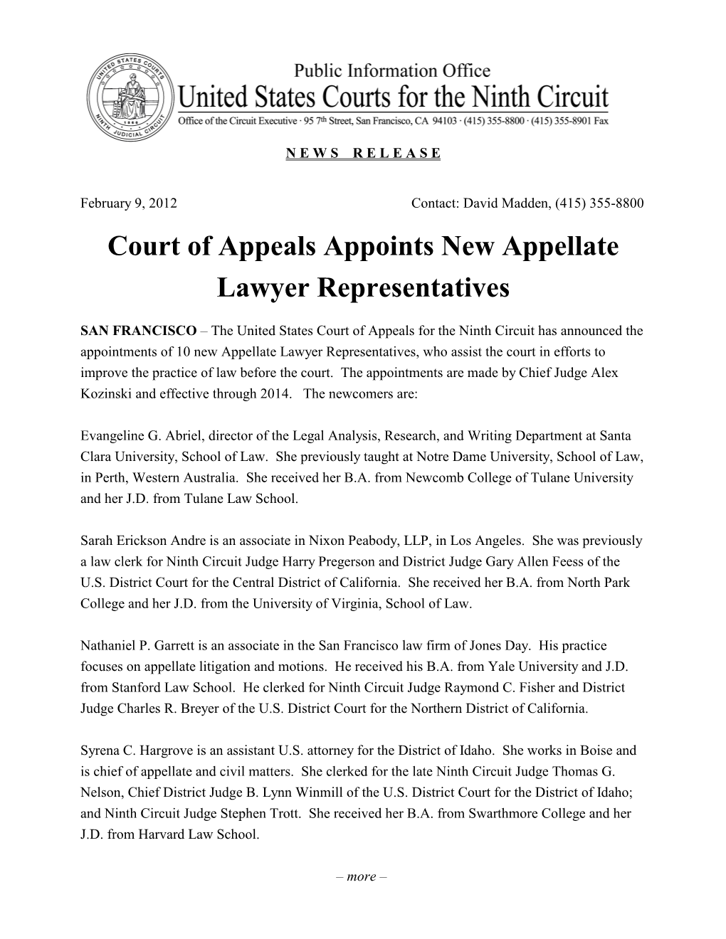 Court of Appeals Appoints New Appellate Lawyer Representatives