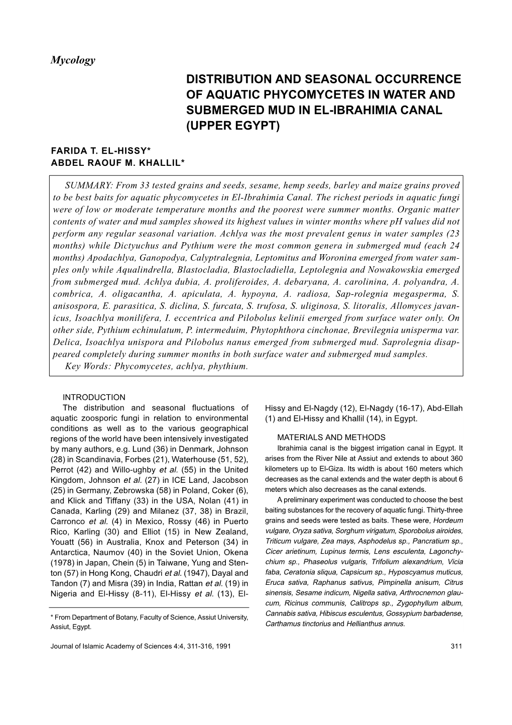 Distribution and Seasonal Occurrence of Aquatic Phycomycetes in Water and Submerged Mud in El-Ibrahimia Canal (Upper Egypt)