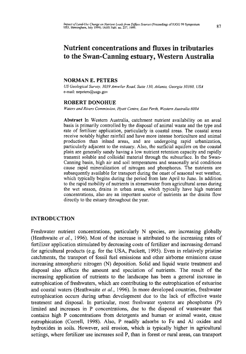 Nutrient Concentrations and Fluxes in Tributaries to the Swan-Canning Estuary, Western Australia