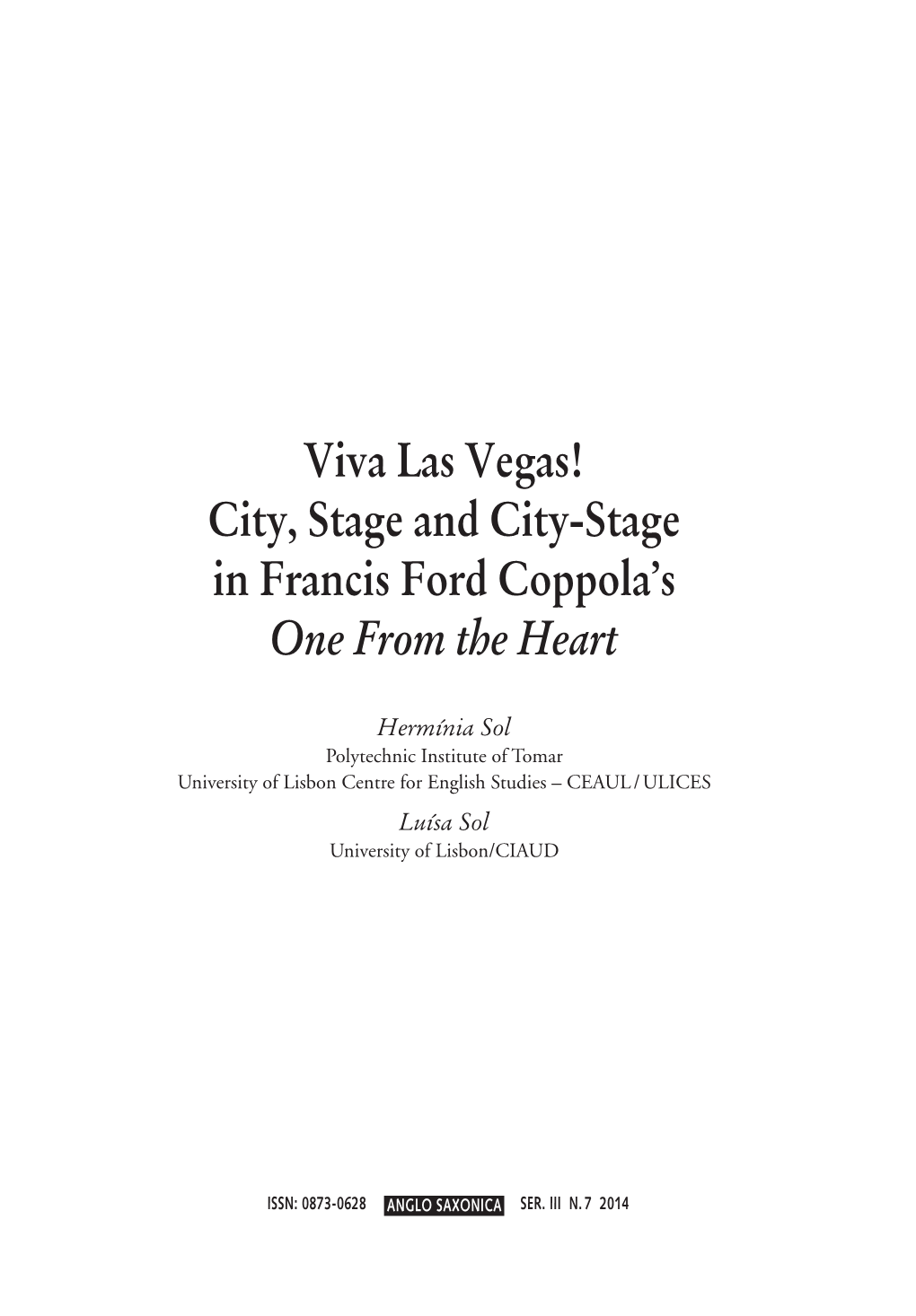 Viva Las Vegas! City, Stage and City-Stage in Francis Ford Coppola’S One from the Heart