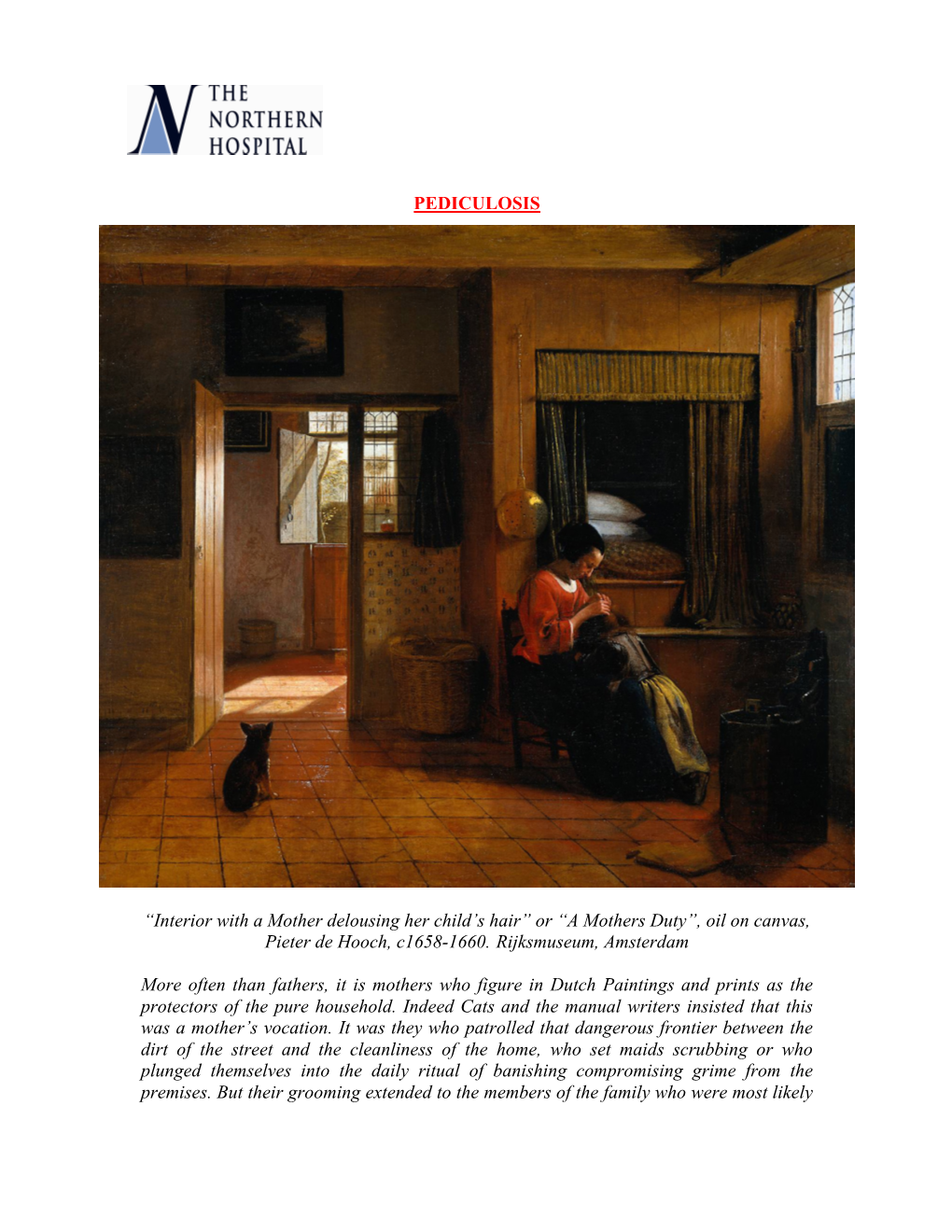PEDICULOSIS “Interior with a Mother Delousing Her Child's Hair” Or “A Mothers Duty”, Oil on Canvas, Pieter De Hooch, C