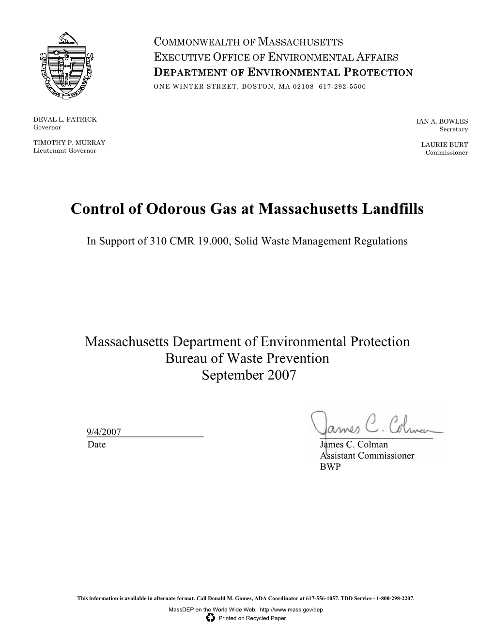 Control of Odorous Gas at Massachusetts Landfills