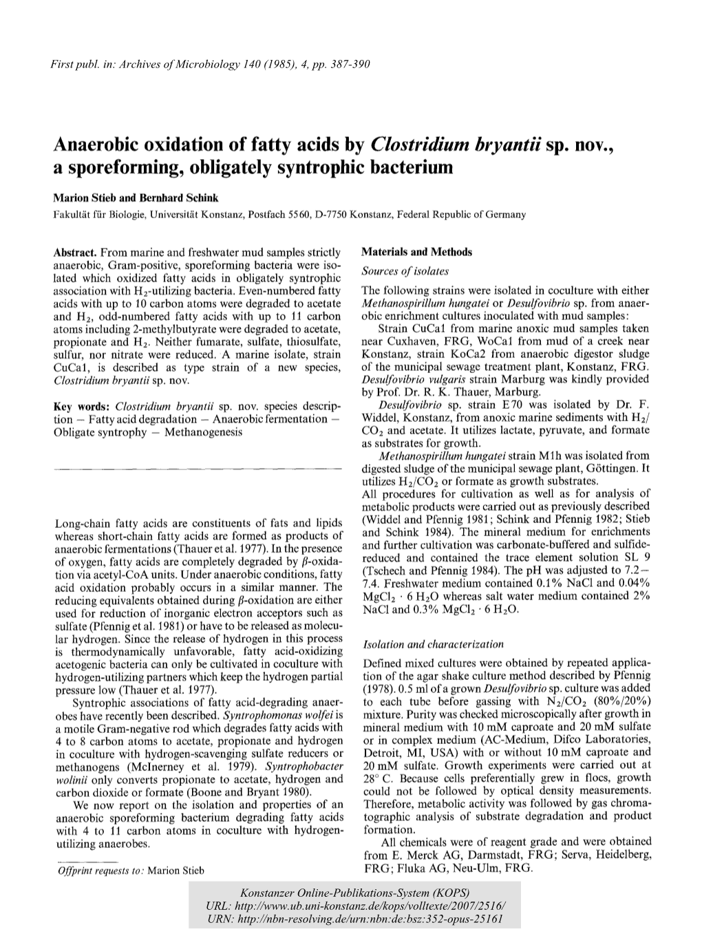 Anaerobic Oxidation of Fatty Acids by Clostridium Bryantii Nov., A
