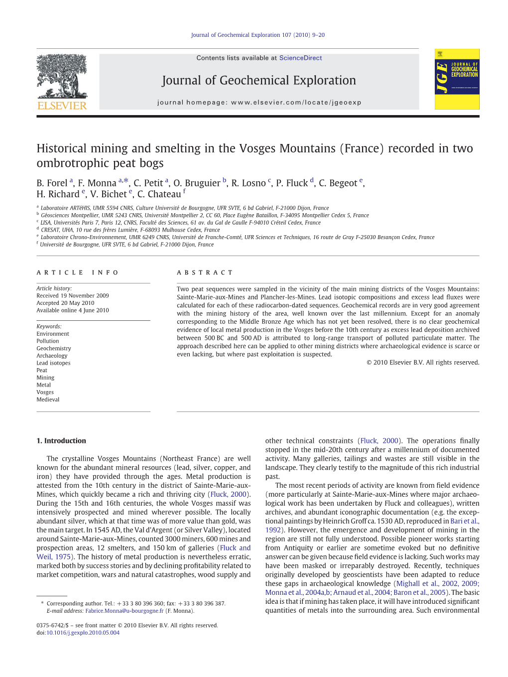 Historical Mining and Smelting in the Vosges Mountains (France) Recorded in Two Ombrotrophic Peat Bogs