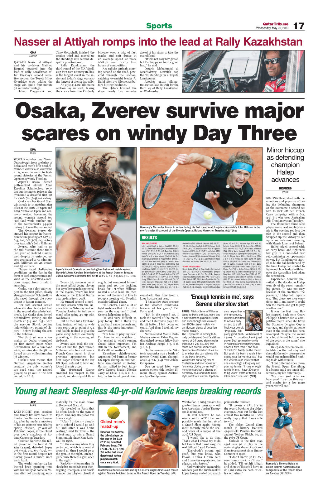 Osaka, Zverev Survive Major Scares on Windy Day Three DPA Paris Minor Hiccup