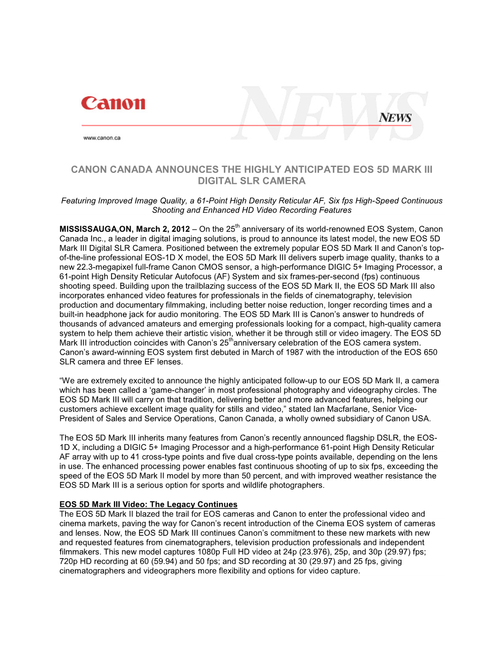 Canon Canada Announces the Highly Anticipated Eos 5D Mark Iii Digital Slr Camera