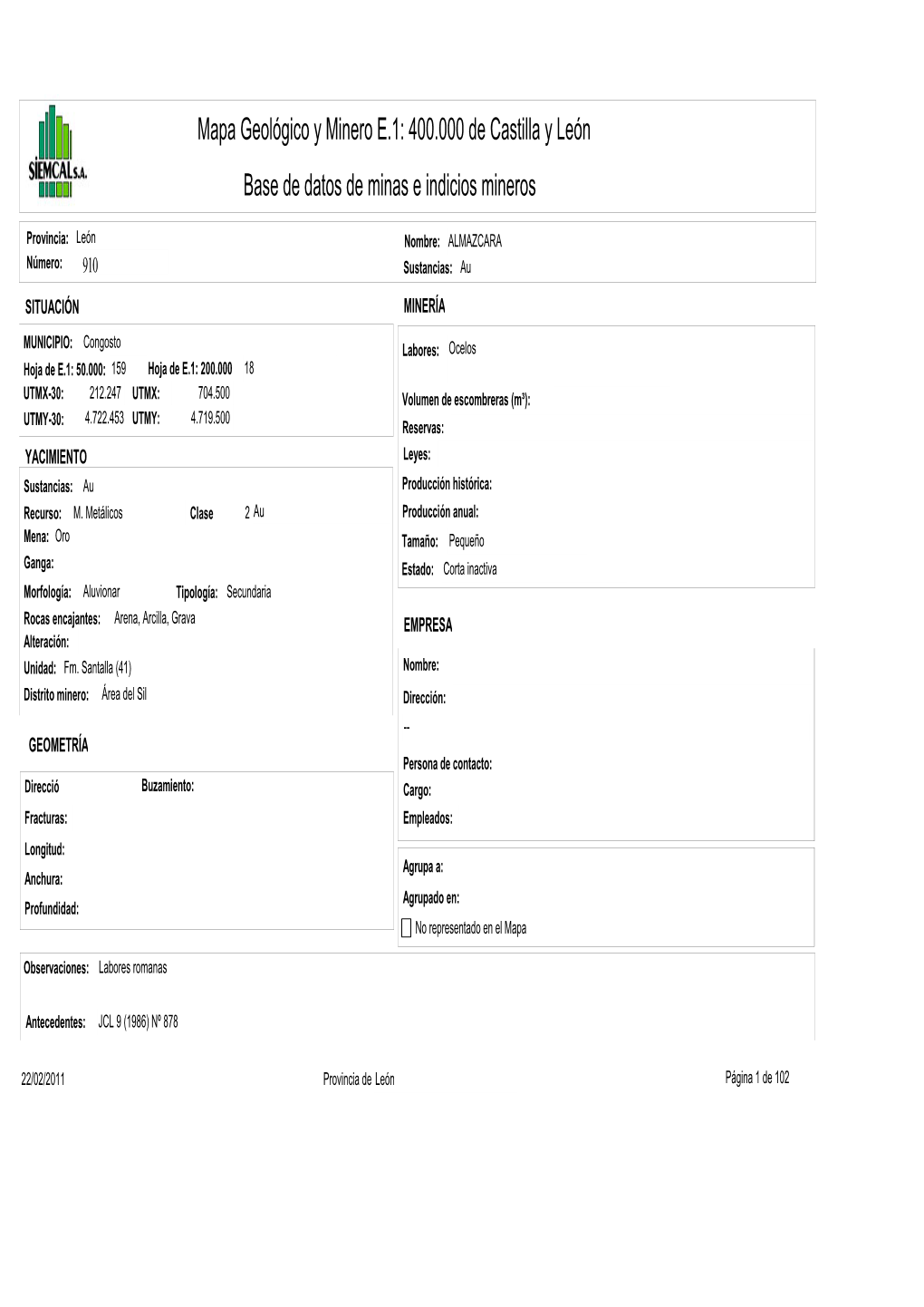 Mapa Geológico Y Minero E.1: 400.000 De Castilla Y León Base De Datos De Minas E Indicios Mineros