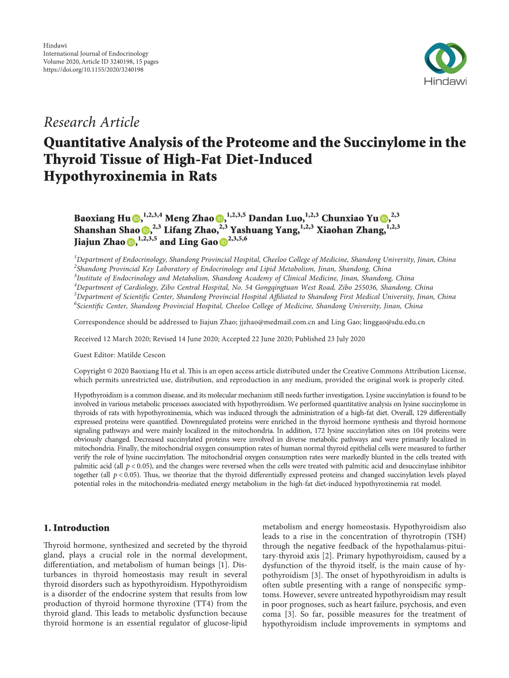 Quantitative Analysis of the Proteome and the Succinylome in the Thyroid Tissue of High-Fat Diet-Induced Hypothyroxinemia in Rats