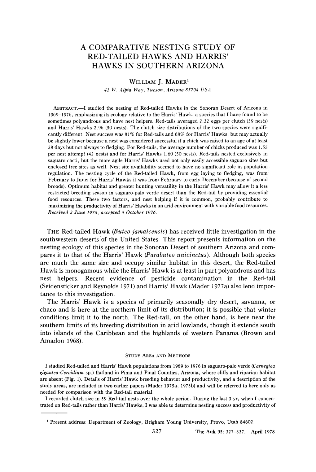 A Comparative Nesting Study of Red-Tailed Hawks and Harris' Hawks in Southern Arizona