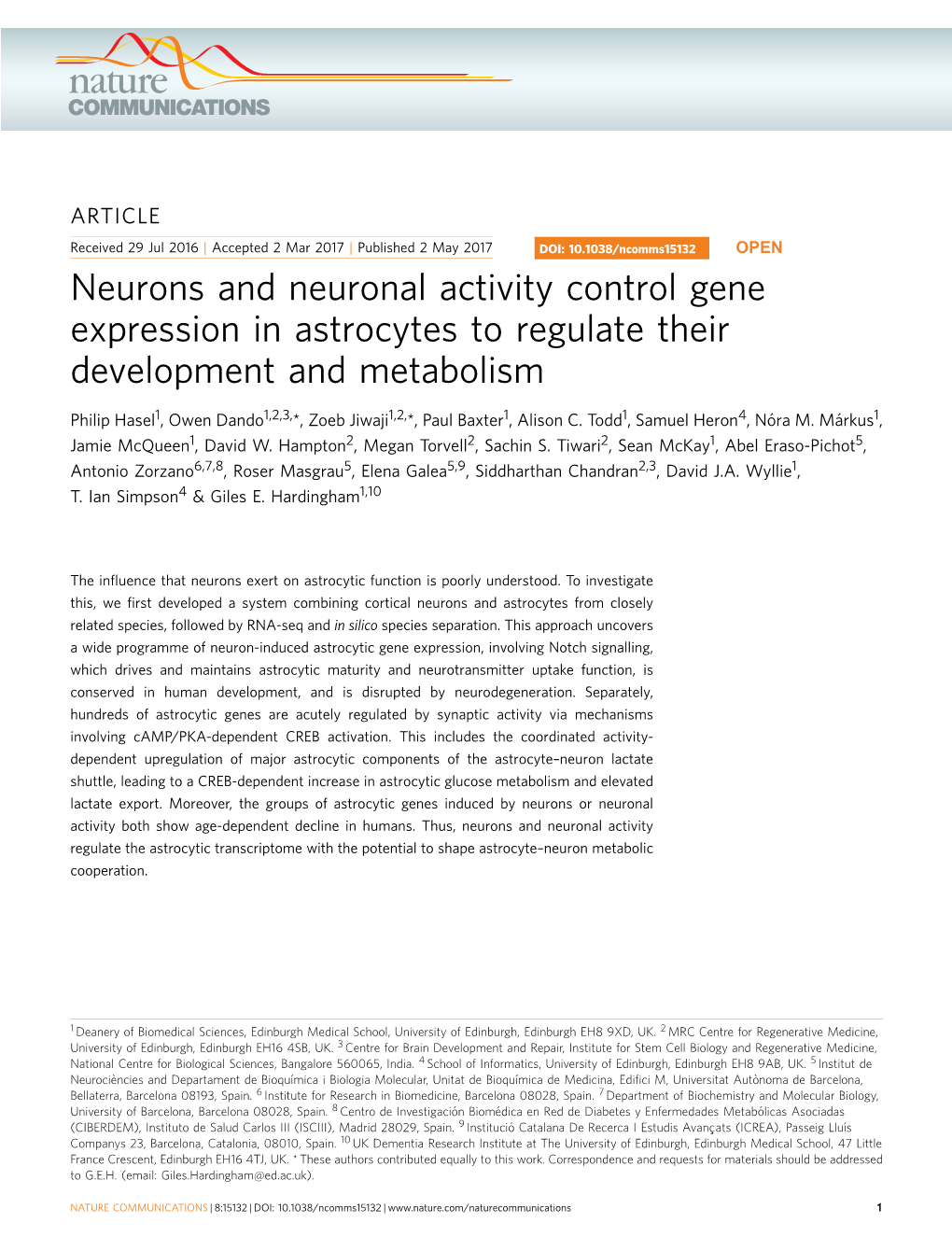 Neurons and Neuronal Activity Control Gene Expression in Astrocytes to Regulate Their Development and Metabolism