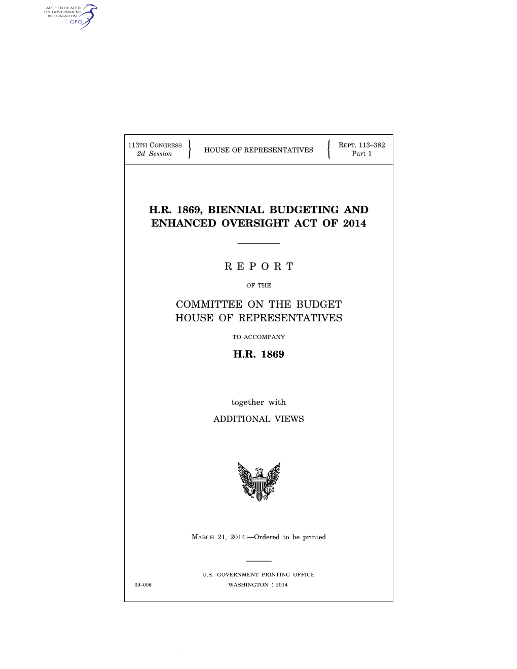 H.R. 1869, Biennial Budgeting and Enhanced Oversight Act of 2014