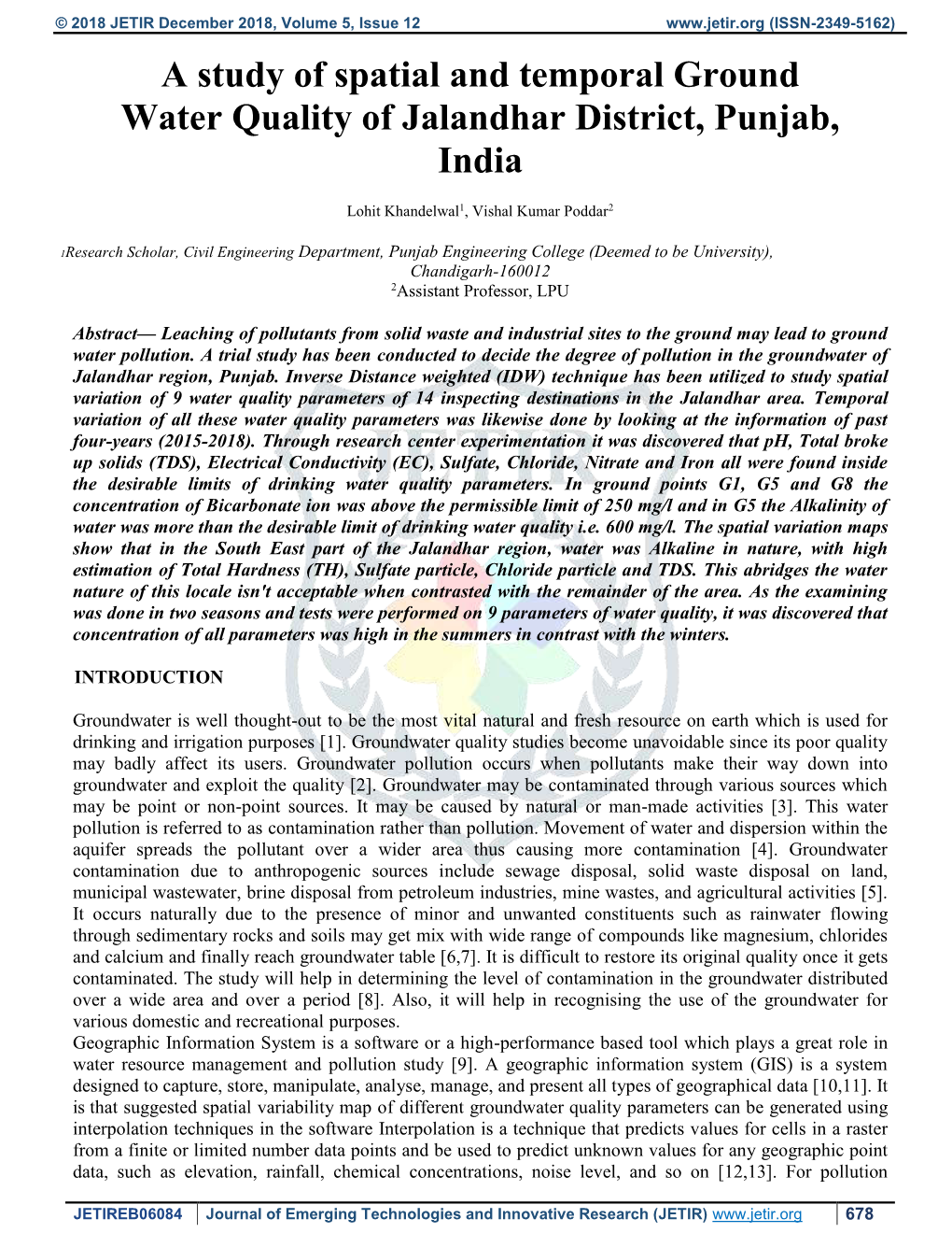 A Study of Spatial and Temporal Ground Water Quality of Jalandhar District, Punjab, India