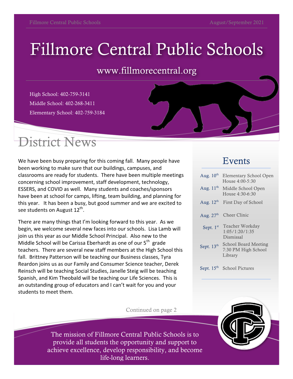 Fillmore Central Public Schools August/September 2021 Fillmore Central Public Schools