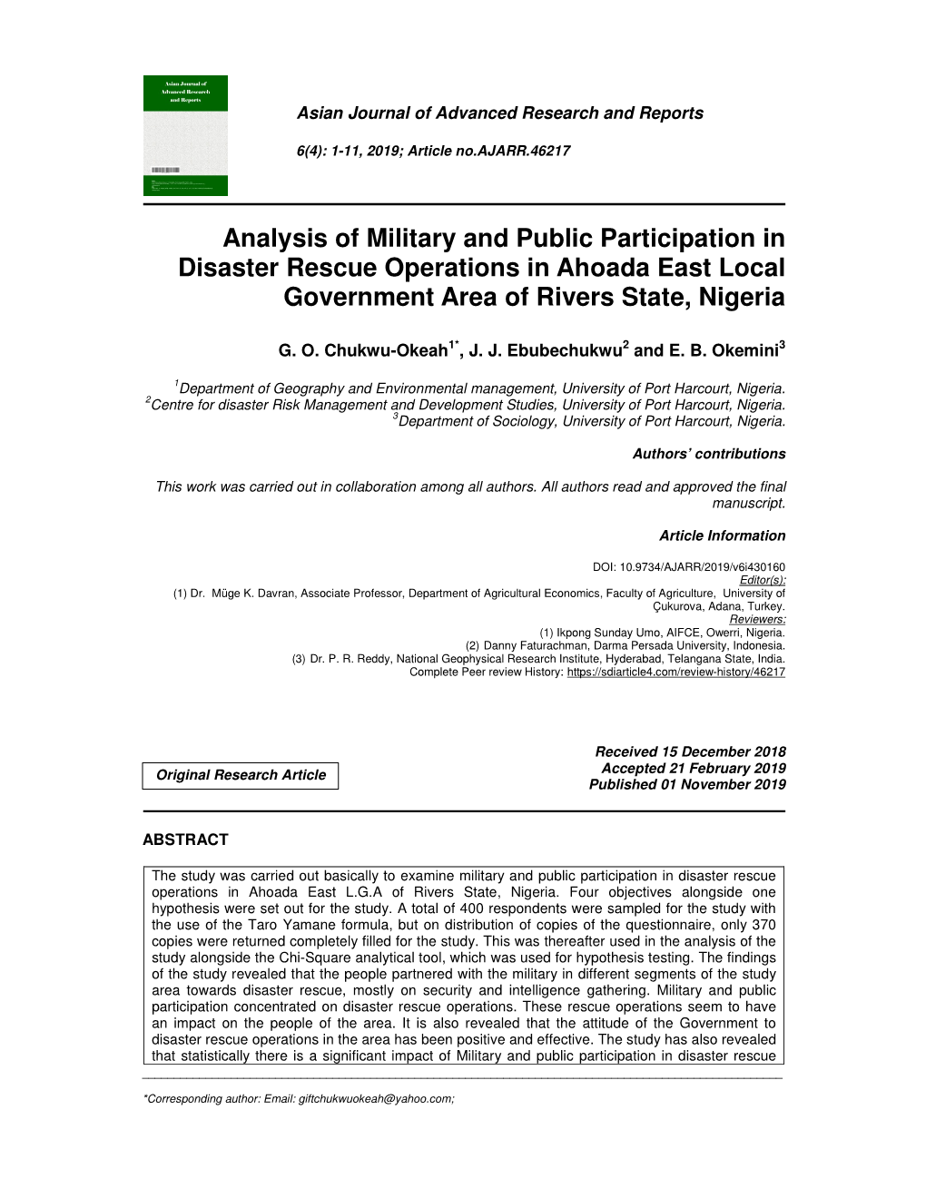 Analysis of Military and Public Participation in Disaster Rescue Operations in Ahoada East Local Government Area of Rivers State, Nigeria