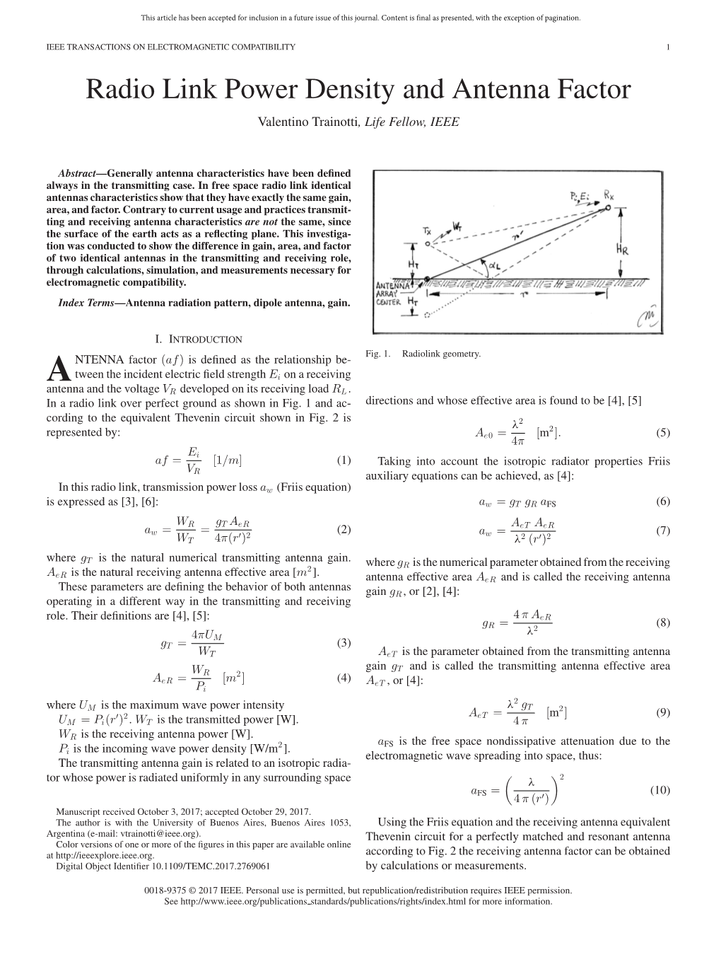 Radio Link Power Density and Antenna Factor Valentino Trainotti, Life Fellow, IEEE