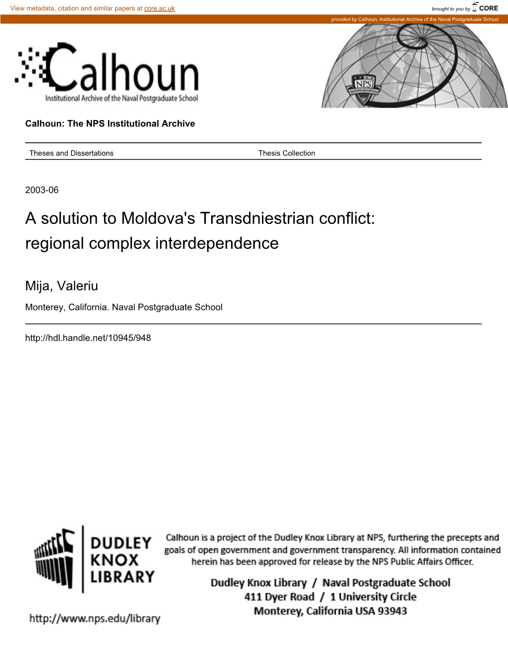 A Solution to Moldova's Transdniestrian Conflict: Regional Complex Interdependence