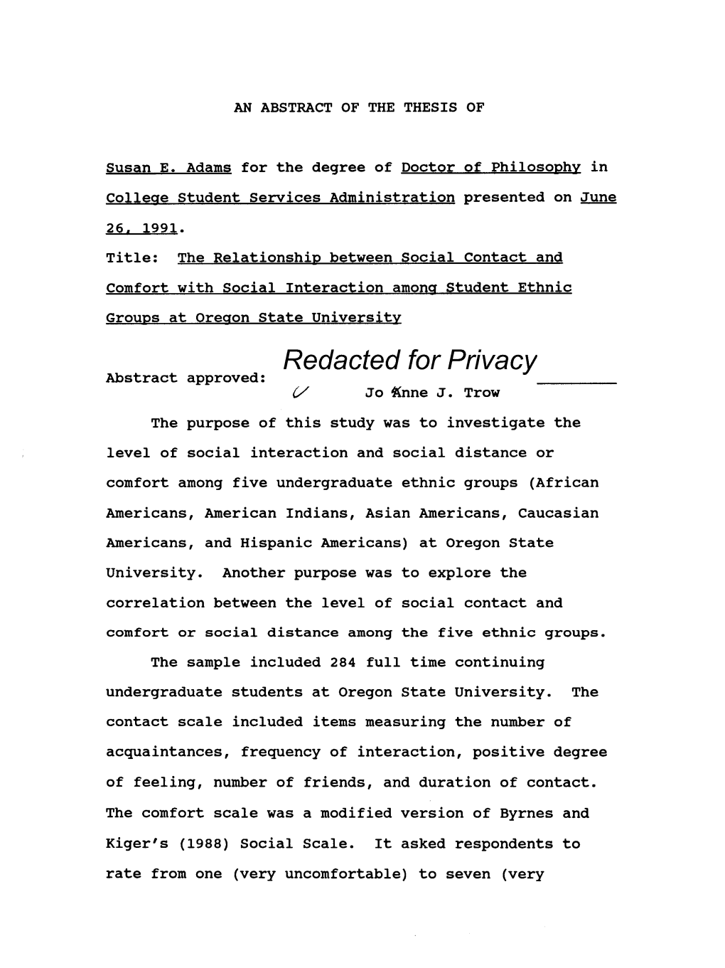 The Relationship Between Social Contact and Comfort with Social Interaction Among Student Ethnic Groups at Oregon State Universi